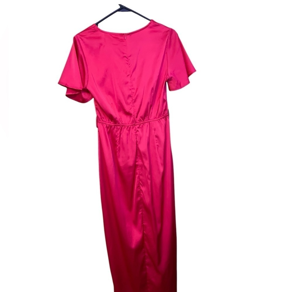 Satin Belted Ruched Slit Midi Dress - Picture 4 of 17